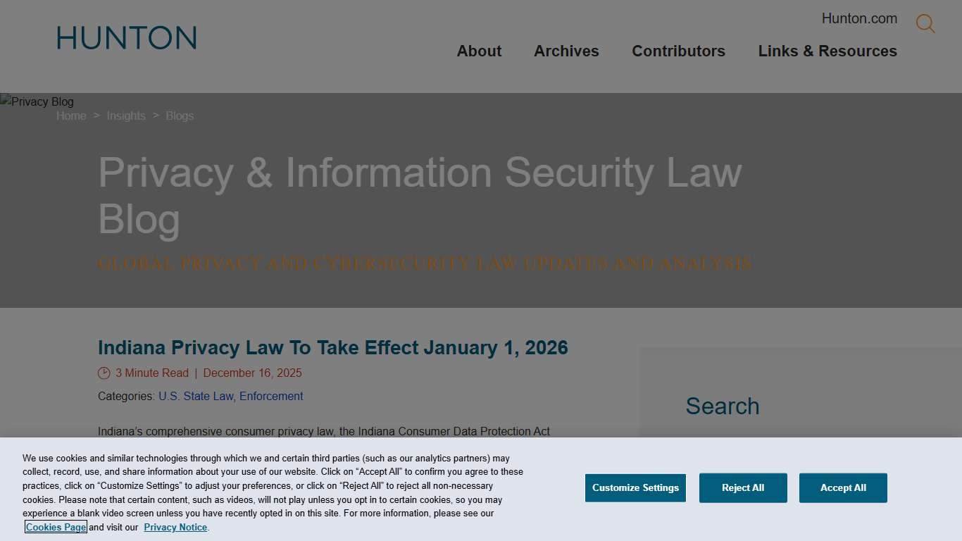 Indiana Privacy Law To Take Effect January 1, 2026