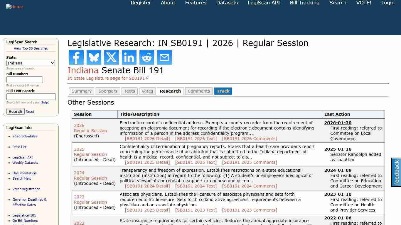 Legislative Research: IN SB0191 | 2026 | Regular Session | LegiScan