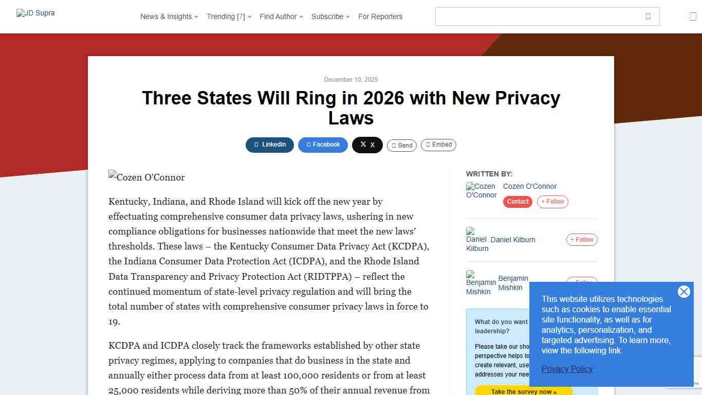 Three States Will Ring in 2026 with New Privacy Laws | Cozen O'Connor - JDSupra